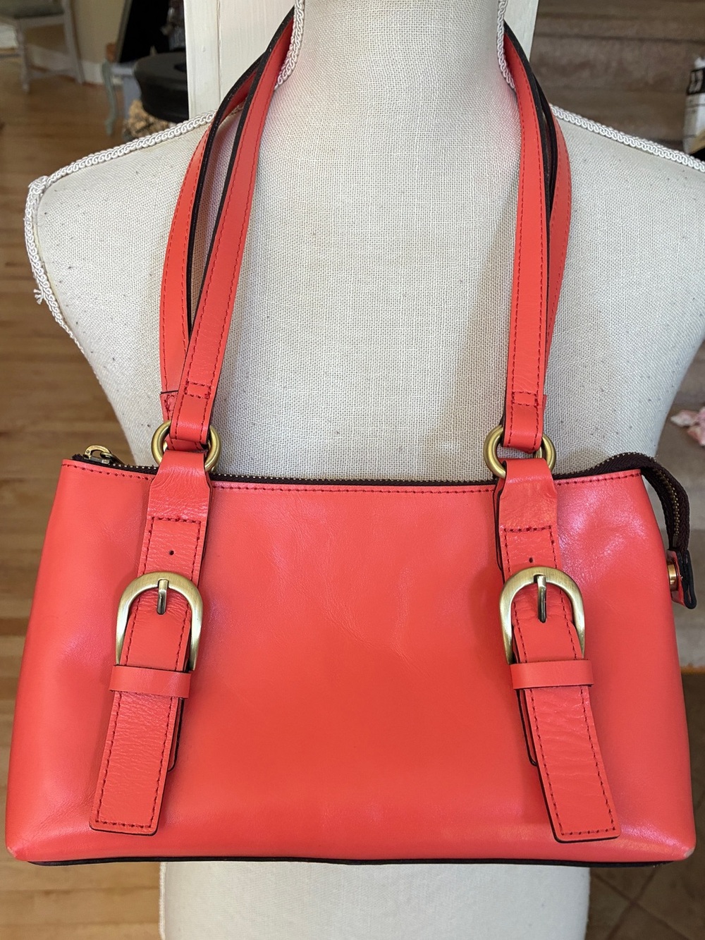 Patricia Nash Coral Leather Bordaux Shoulder Bag with Double Straps
